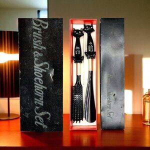 Black Cat with Rhinestone Eyes Lint Brush & Shoe Horn MCM 1950s Japan w/Box 2PC